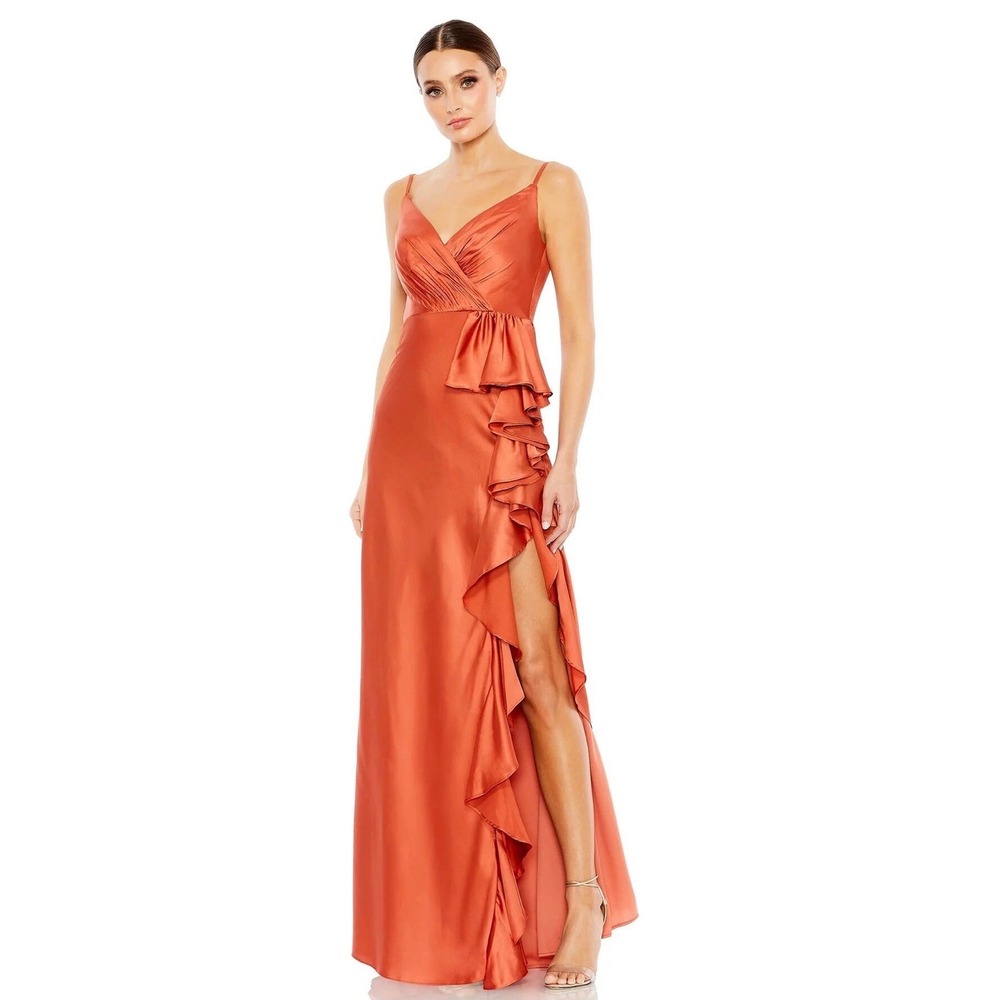 Mac‎ Duggal Spiced Copper Satin Ruffle Slit Evening Gown Dress 68551 Size 4
